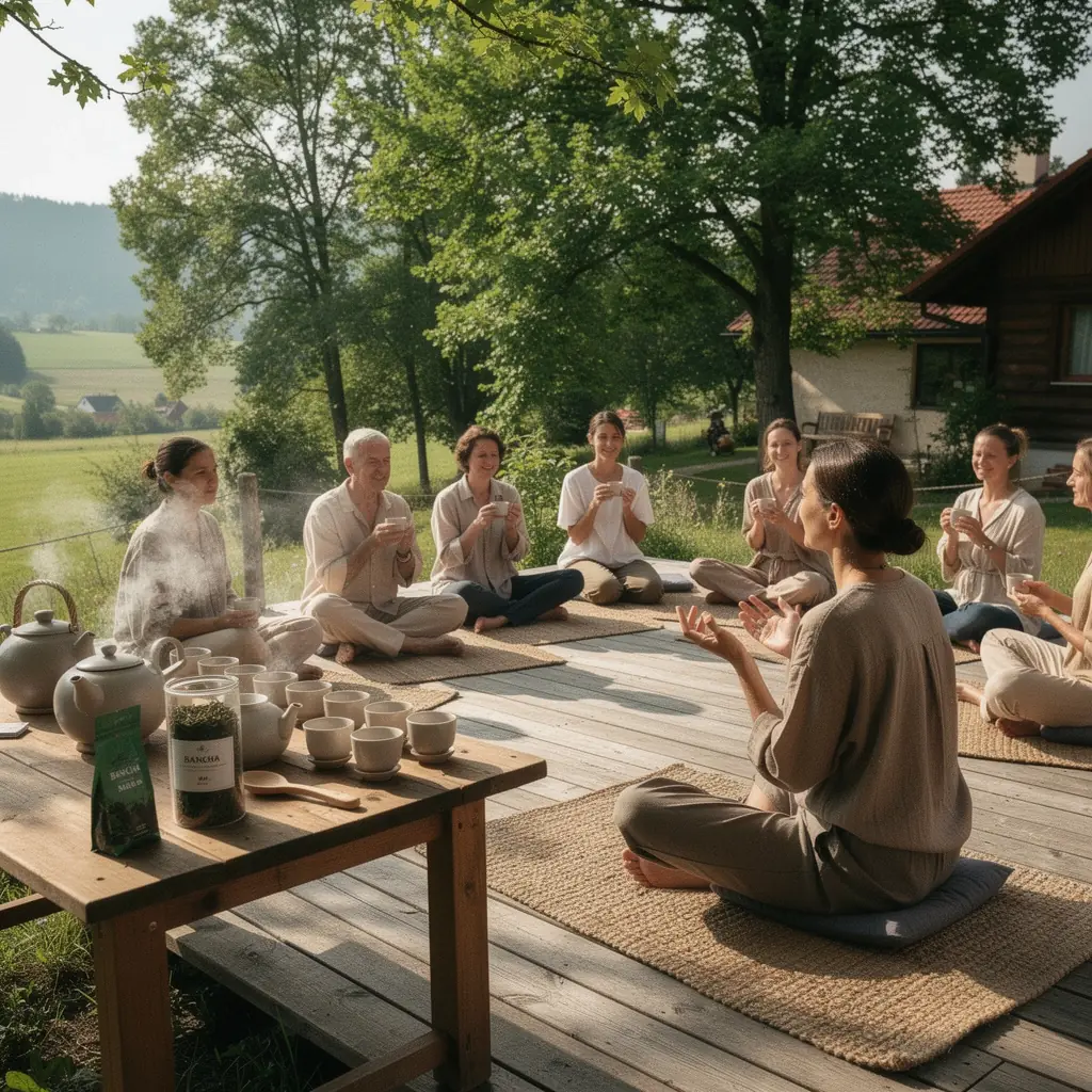 Detailný záber na prípravu čaju Bancha s horúcou vodou
