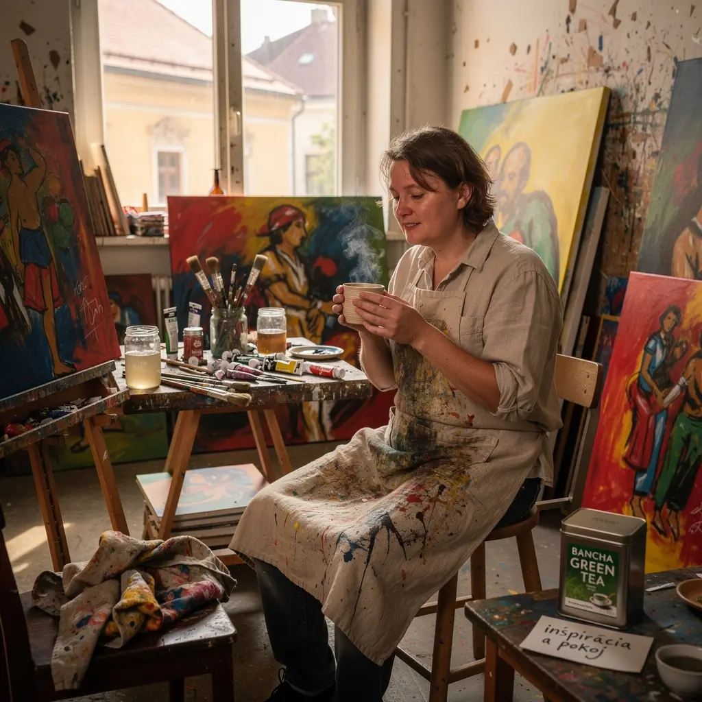 Scenéria japonskej záhrady s čajom Bancha na stole