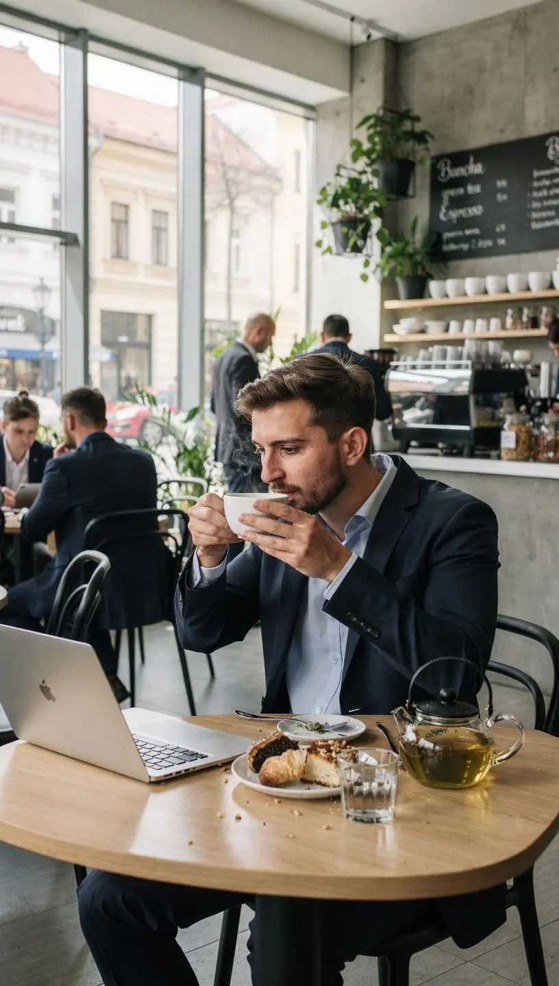 Usmievajúca sa osoba vychutnávajúca si čaj Bancha v parku.